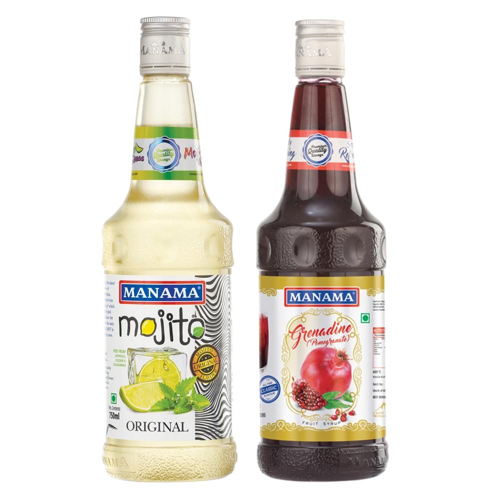 Manama Original Mojito Syrup and Grenadine Syrup, 750ML Each, Mixer for Mocktails, Cocktails, Drinks, Juices, Beverages, Pack of 2
