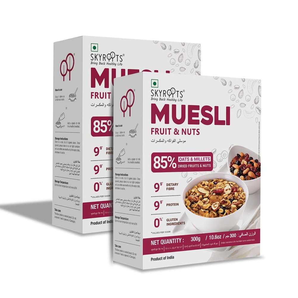 Skyroots Fruit & Nuts Muesli (Pack of 2, 300g Each) - Gluten-Free Ingredients Millet Flakes & Rolled Oats | Healthy Breakfast Cereal Combo
