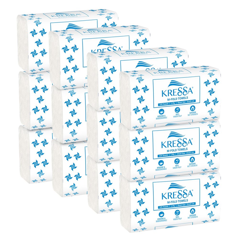 Kressa Multi Fold Paper Hand Towels | M Fold | 125 x 12 = 1500 (Pack Of 12)