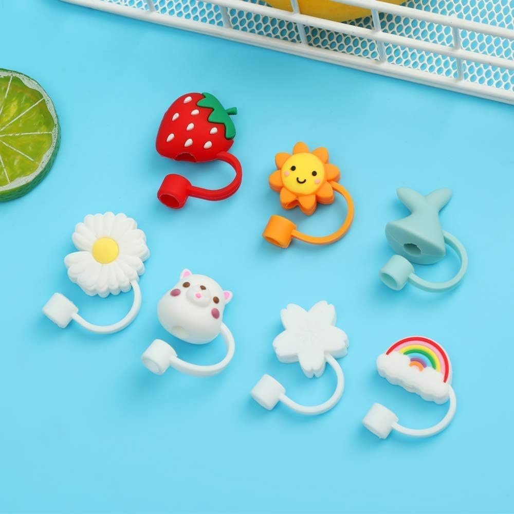 10 Pcs Reusable Silicone Cute Cartoon 10mm Straw Lid Cover (Multi Design Pack of 10)