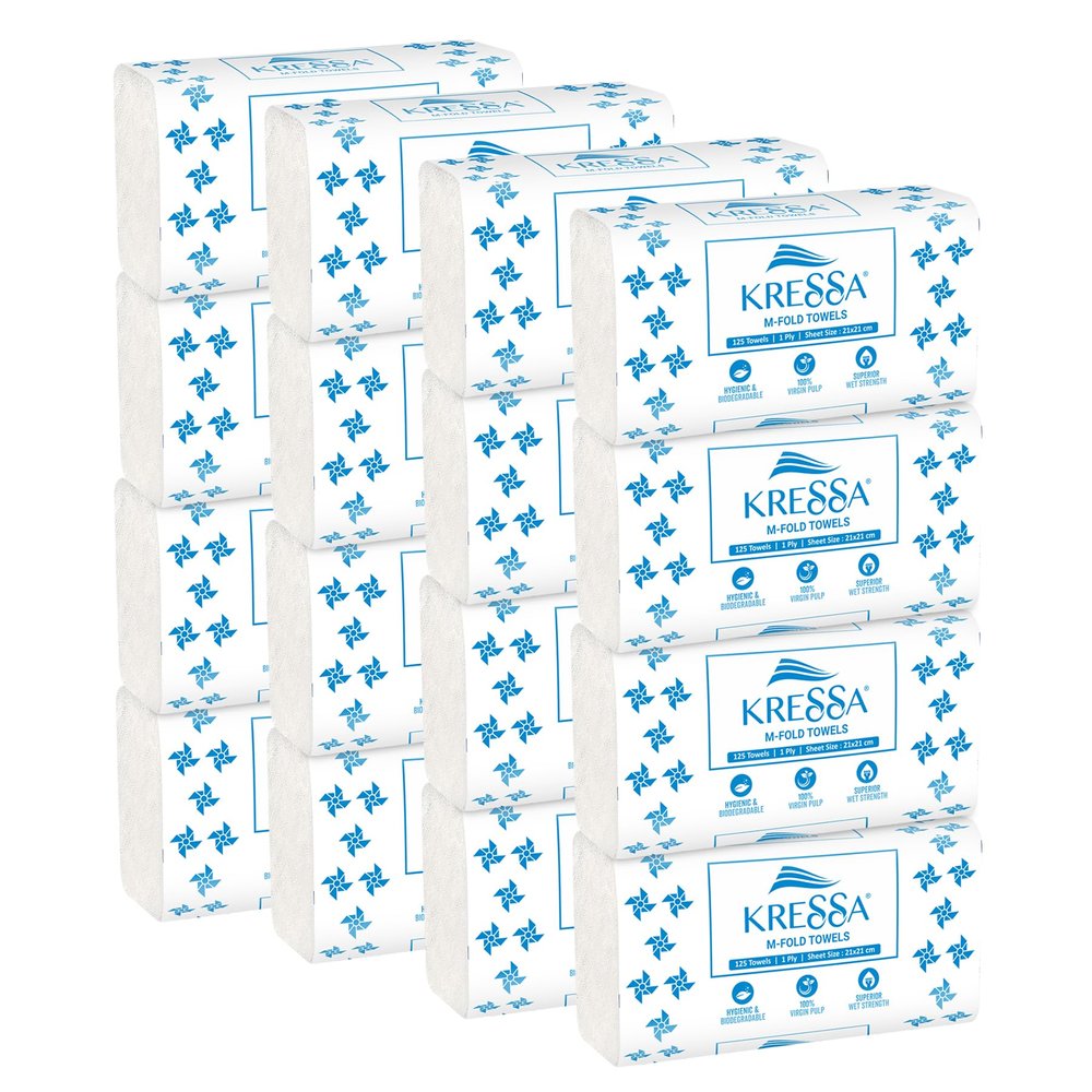 Kressa Multi Fold Hand Towel | M Fold Tissue Paper (125 x 16 = 2000) (Pack Of 16)