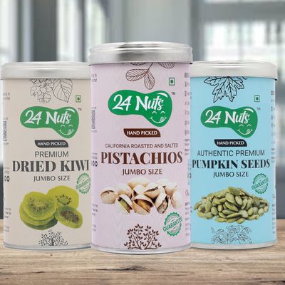 24 Nuts Hand Picked Jumbo Size Dried Kiwi And California Roasted Pistachios And Premium Pumpkin Seeds Combo Pack of 750 gm (250gx3)