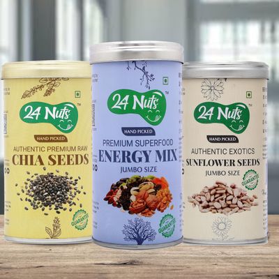 24 Nuts Hand Picked Jumbo Size Premium Raw Chia Seeds And Premium Energy Mix Superfood And Sunflower Seeds Combo Pack of 750 gm (250gx3)