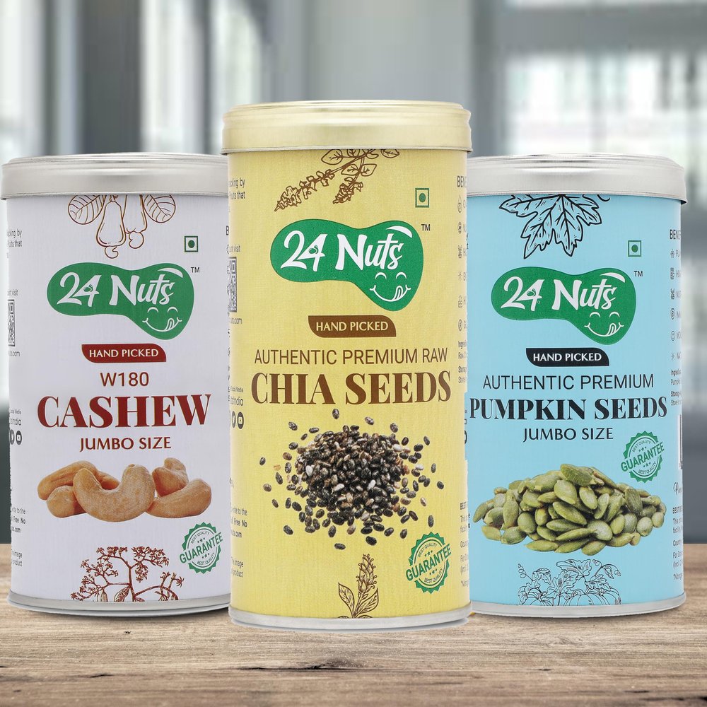 24 Nuts Hand Picked Jumbo Size Premium Cashew W180 And Premium Raw Chia Seeds Premium Pumpkin Seeds Combo Pack of 750 gm (250gx3)