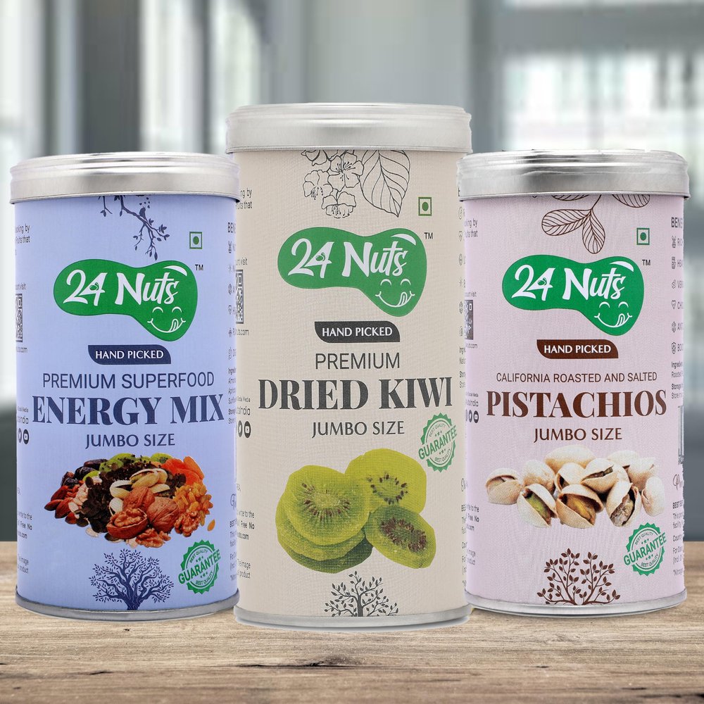 24 Nuts Hand Picked Jumbo Size Premium Energy Mix Superfood And Dried Kiwi California Roasted Pistachios Combo Pack of 750 gm (250gx3)