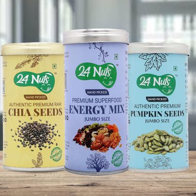 24 Nuts Hand Picked Jumbo Size Premium Raw Chia Seeds And Premium Energy Mix Superfood And Pumpkin Seeds Combo Pack of 750 gm (250gx3)