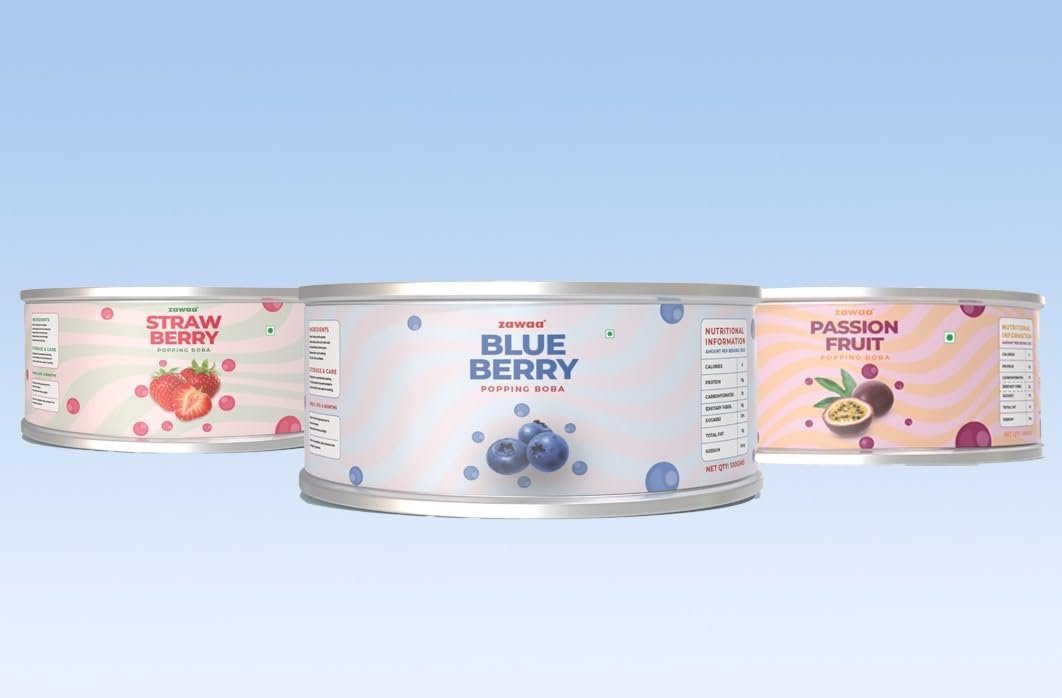 Zawaa Boba Tea Assorted (Blueberry, Passionfruit and Strawberry) Bubble Tea Popping Bursting Boba Pearls 100g Each Pack of 3 for Ice-cream, Smoothies, Falooda, Puddings, Cakes, Froyo, Milkshake