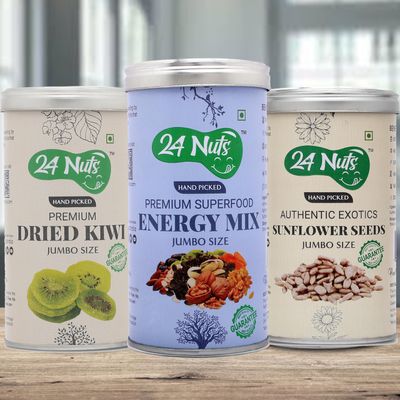 24 Nuts Hand Picked Jumbo Size Premium Energy Mix Superfood And Dried Kiwi Sunflower Seeds Combo Pack of 750 gm (250gx3)