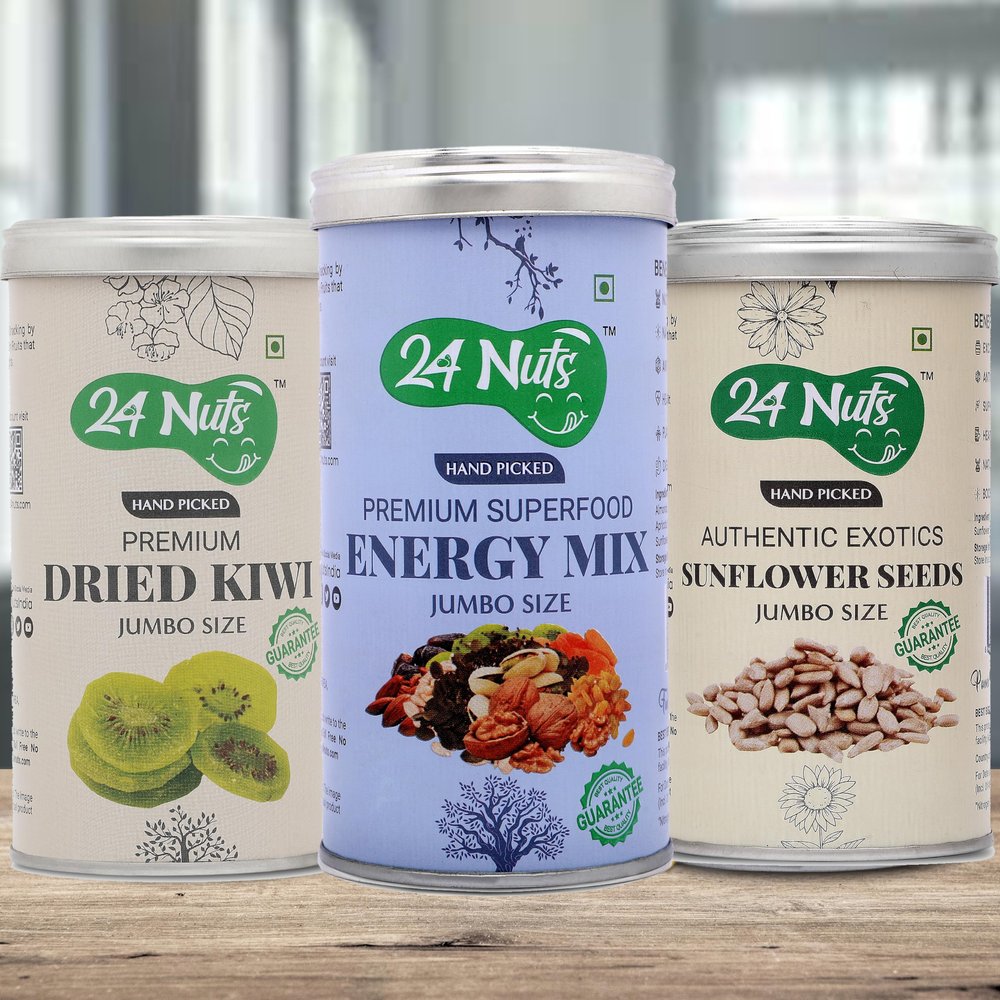 24 Nuts Hand Picked Jumbo Size Premium Energy Mix Superfood And Dried Kiwi Sunflower Seeds Combo Pack of 750 gm (250gx3)