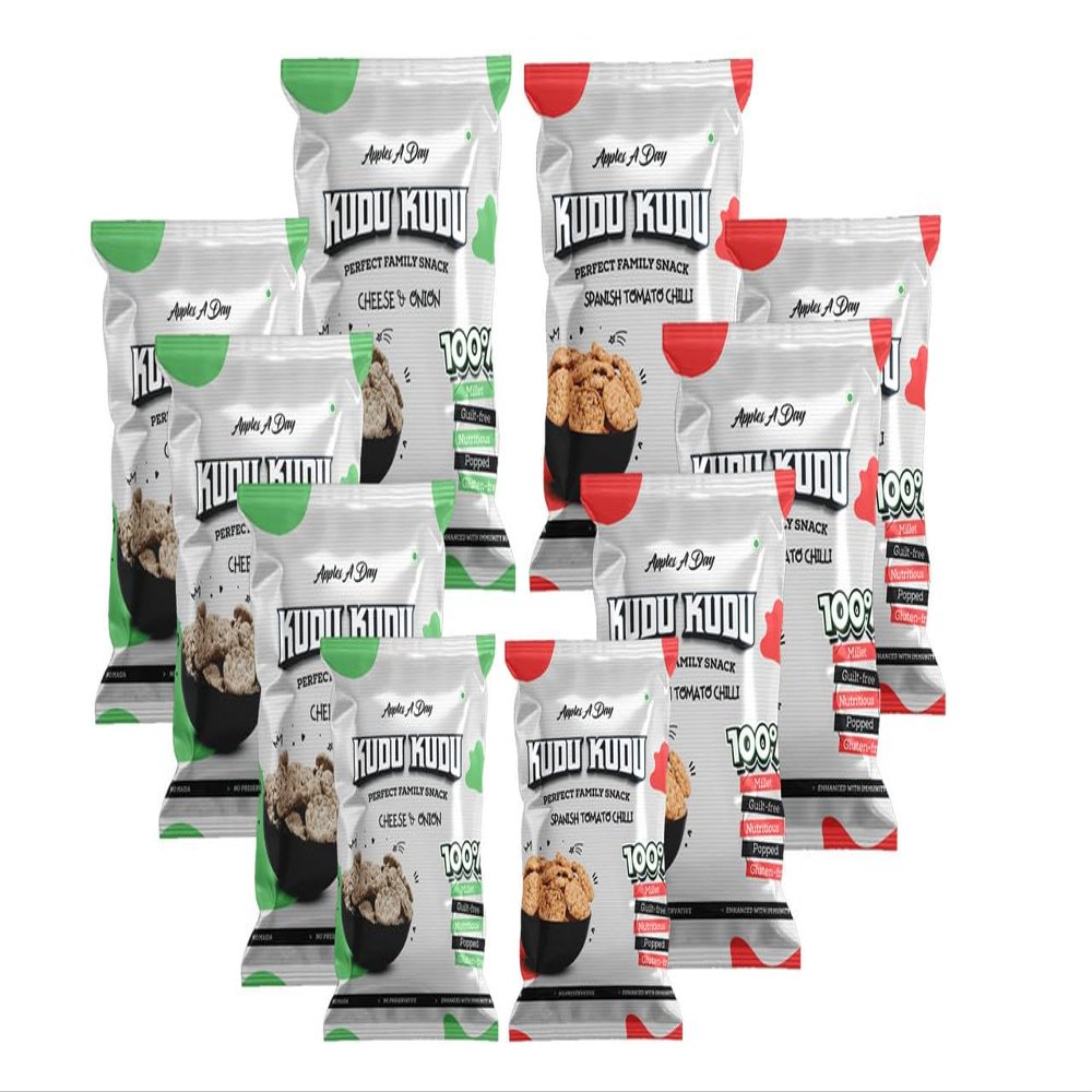 Apples A Day - Kudu Kudu - Multi Millet Popped Chips | Combo of Cheese N Onion and Spanish Tomato Chilli| 300 gms | Pack of 10 (30X10)
