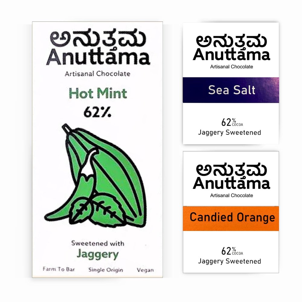 ANUTTAMA Dark Chocolate (Pack of 3) | Combo of Hot Mint+Sea Salt+Candied Orange | 62% Cocoa | Jaggery Sweetened | Dark Chocolate Bar | Keto Friendly & Vegan Chocolate | Chocolate Gift Pack 50 & 20g