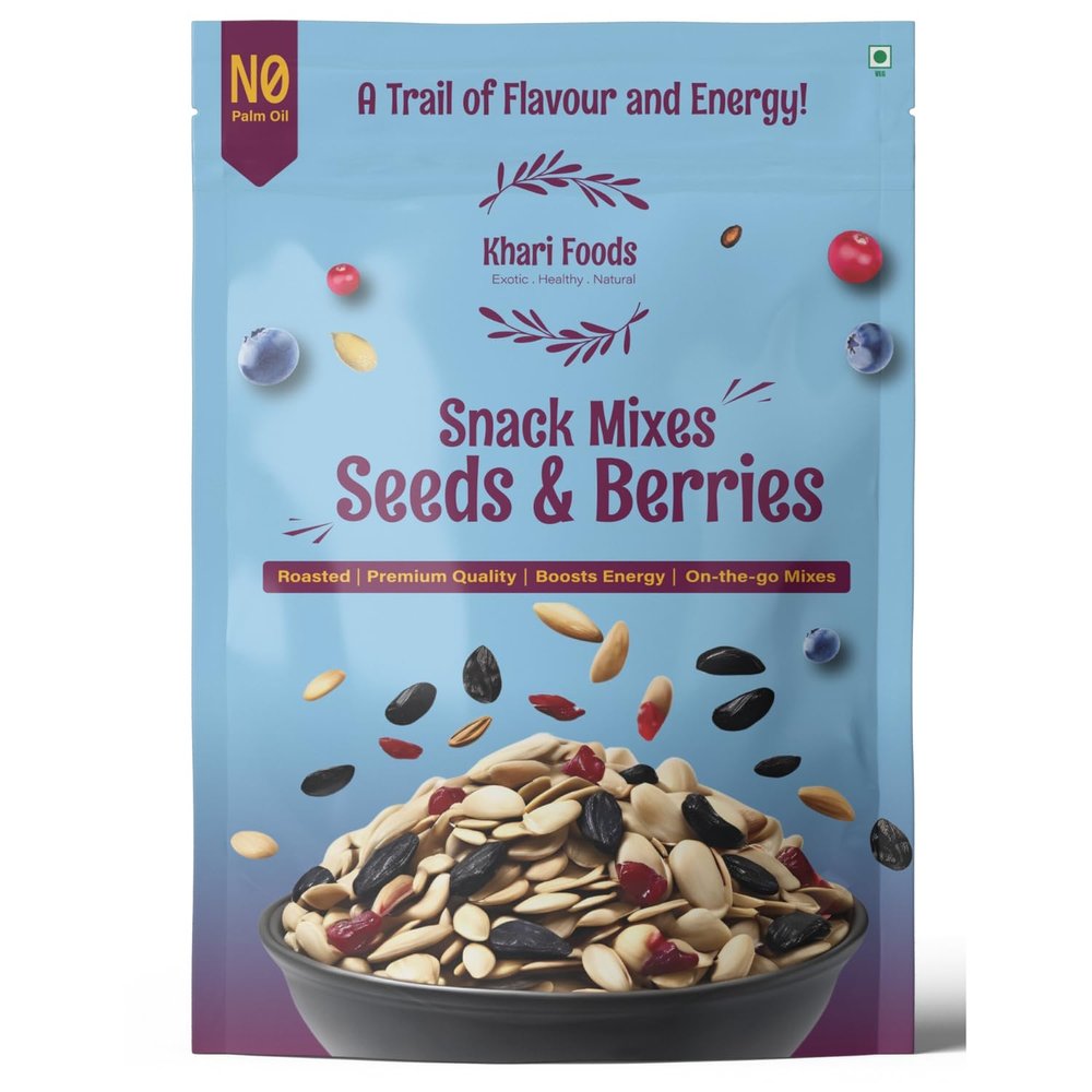Khari Foods Seeds Berries Snack Trail Mix, 6 in 1 Mix, Roasted Pumpkin, Sunflower, Watermelon Seeds, Cranberries, Black Raisins, Blueberries, Fibre & Protein Rich, No Palm Oil (200g)