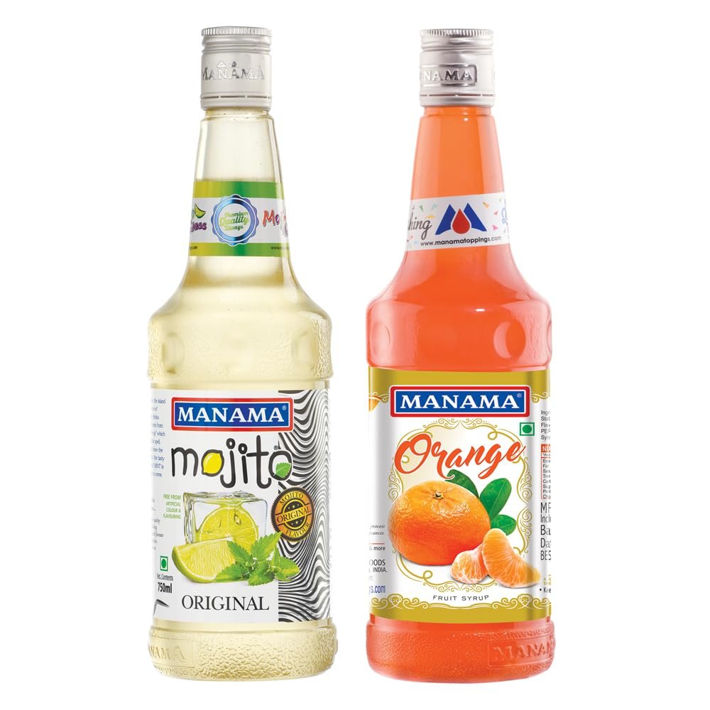 Manama Original Mojito Syrup and Orange Syrup, 750ML Each, Mixer for Mocktails, Cocktails, Drinks, Juices, Beverages, Pack of 2