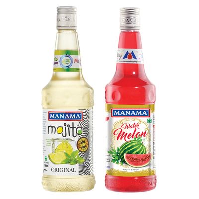 Manama Original Mojito Syrup and Watermelon Fruit Syrup, 750ML Each, Mixer for Mocktails, Cocktails, Drinks, Juices, Beverages, Pack of 2