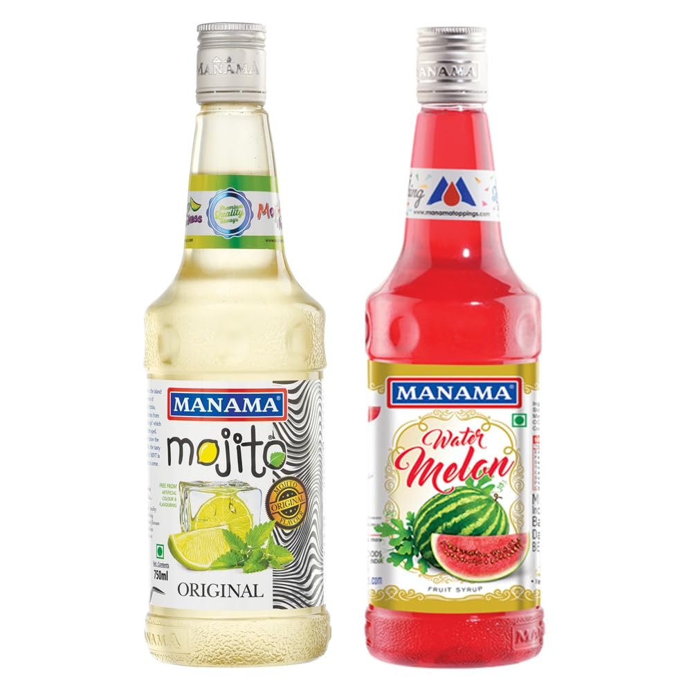 Manama Original Mojito Syrup and Watermelon Fruit Syrup, 750ML Each, Mixer for Mocktails, Cocktails, Drinks, Juices, Beverages, Pack of 2