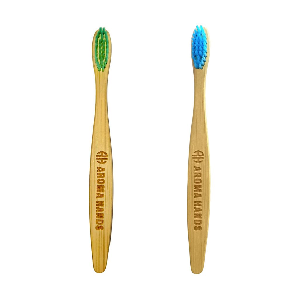 AROMA HANDS KID'S BAMBOO TOOTHBRUSH (PACK OF 2) ANTIBACTERIAL & BIODEGRADABLE HANDLE - NATURAL & ECO-FRIENDLY BPA Free Soft PURPLE AND SKY BLUE Bristles