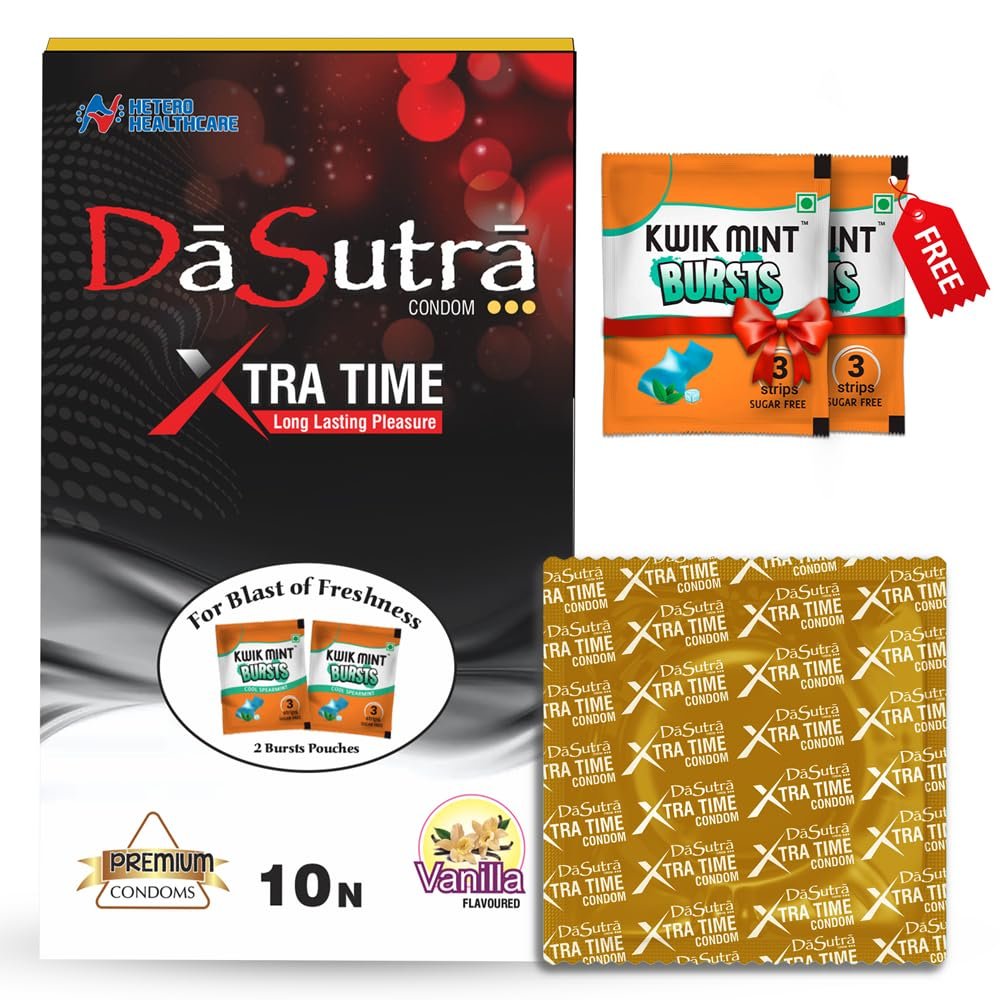 Dasutra Xtra Time Dotted Condoms For Men | Long Lasting Pleasure For Both | 3 in 1 Multi Textured Lubricated Condoms (Vanilla, 10 Count (Pack of 2)