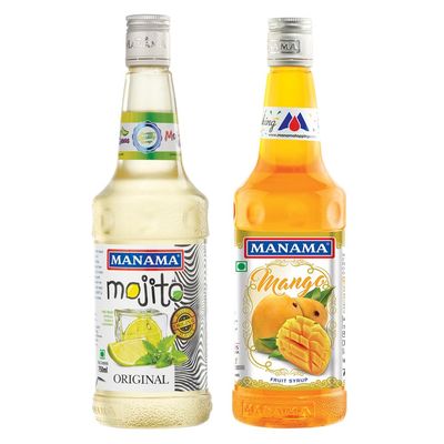 Manama Original Mojito Syrup and Mango Fruit Syrup, 750ML Each, Mixer for Mocktails, Cocktails, Drinks, Juices, Beverages, Pack of 2