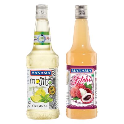 Manama Original Mojito Syrup and Litchi Fruit Syrup, 750ML Each, Mixer for Mocktails, Cocktails, Drinks, Juices, Beverages, Pack of 2