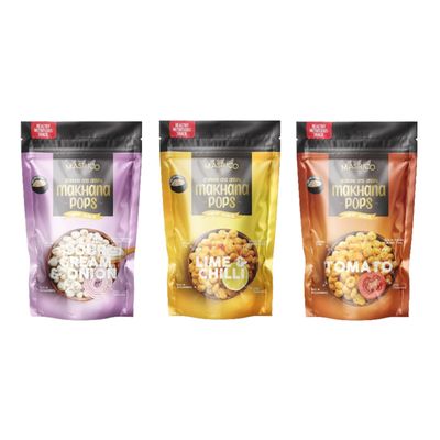 Masrico Premium Sour Cream & Onion, Tomato & Lime & Chilli Makhana 60 gms each | Premium Phool Makhana | Lotus Seed Pop | Gorgon Nut Puffed Kernels | Healthy Snacking |