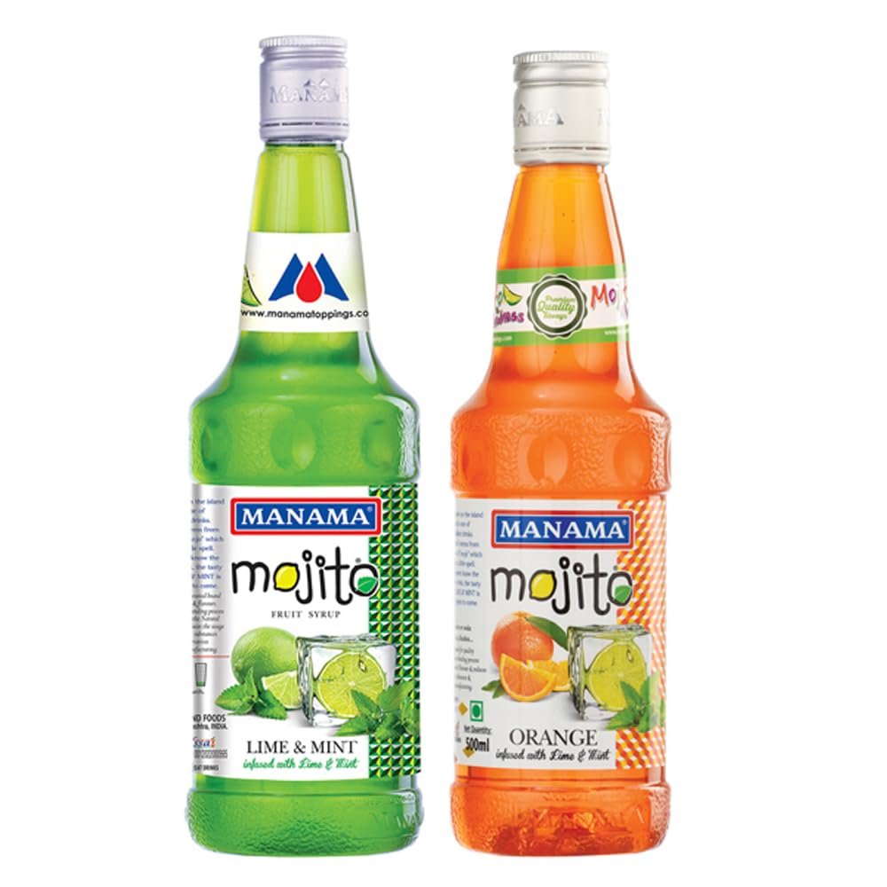 Manama Lime and Mint Mojito Syrup and Orange Mojito Syrup, 500ML Each, Mixer for Mocktails, Cocktails, Drinks, Juices, Beverages, Pack of 2