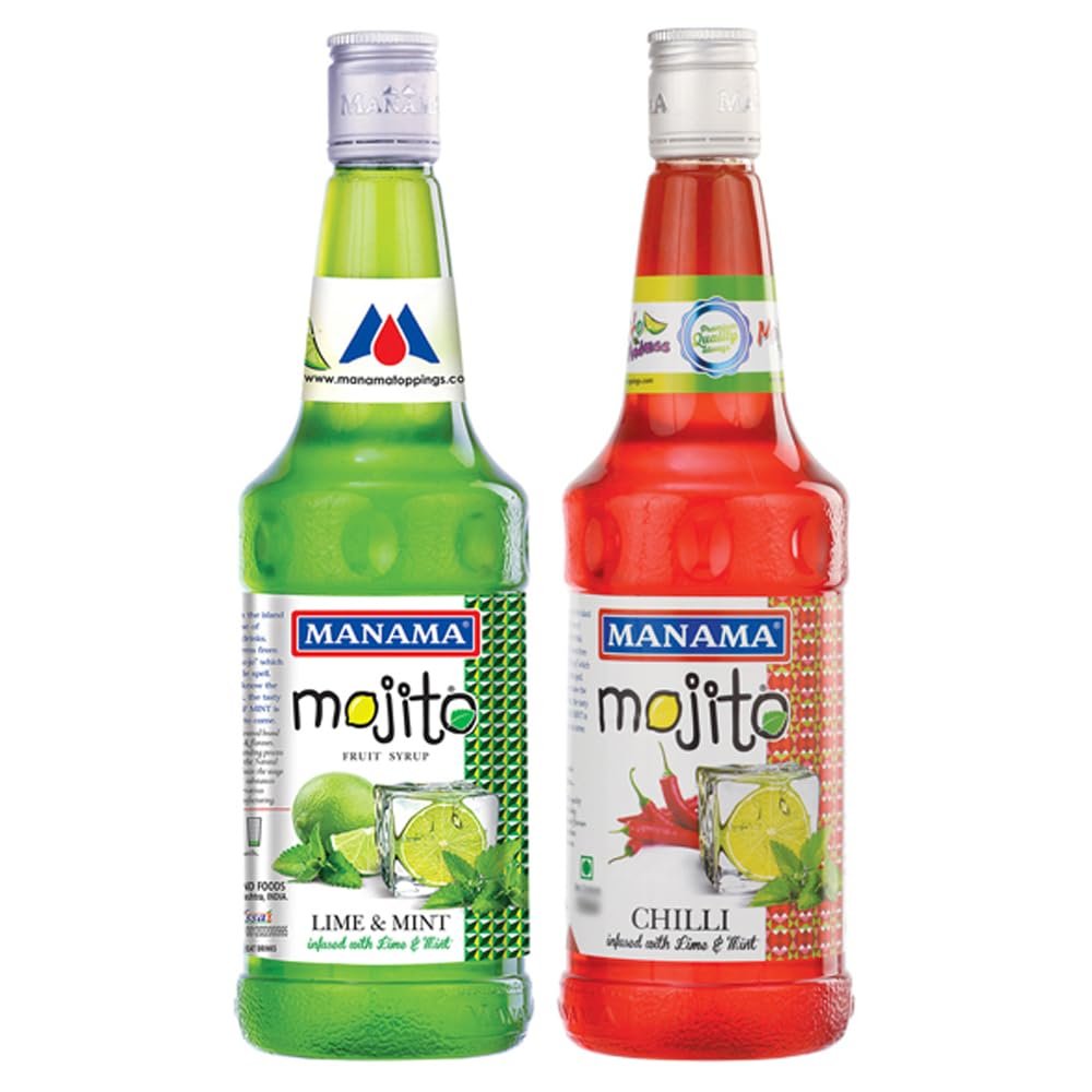 Manama Lime and Mint Mojito Syrup and Chilli Mojito Syrup, 500ML Each, Mixer for Mocktails, Cocktails, Drinks, Juices, Beverages, Pack of 2