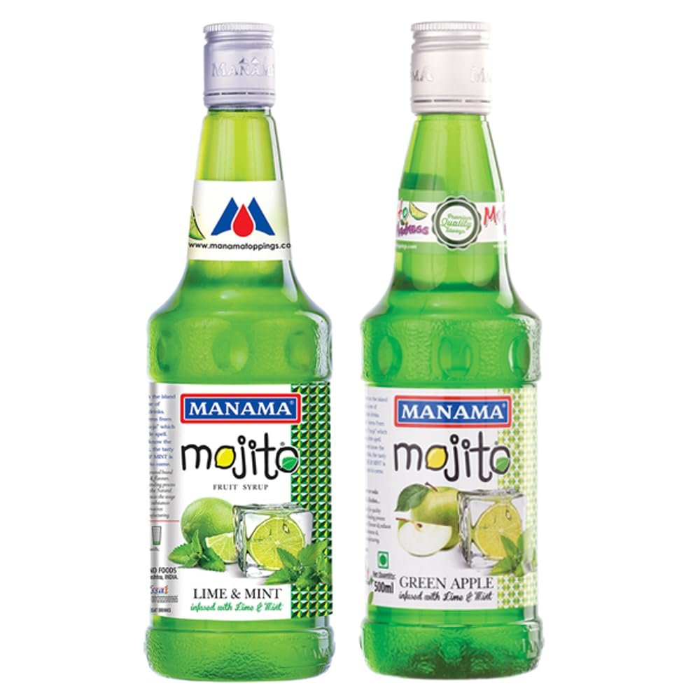 Manama Lime and Mint Mojito Syrup and Green Apple Mojito Syrup, 500ML Each, Mixer for Mocktails, Cocktails, Drinks, Juices, Beverages, Pack of 2