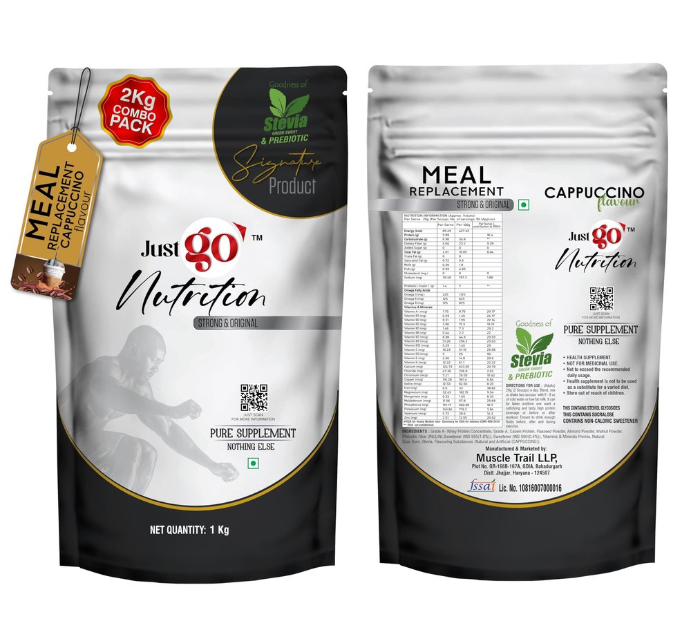 JUST GO NUTRITION Meal Replacement Powder - 50 Servings | 20g in Each | 1kg | Convenient and Flavorful Meal Replacement Powder For Men And Women (Imported Ingredients) Pack of 2 (Cappuccino)