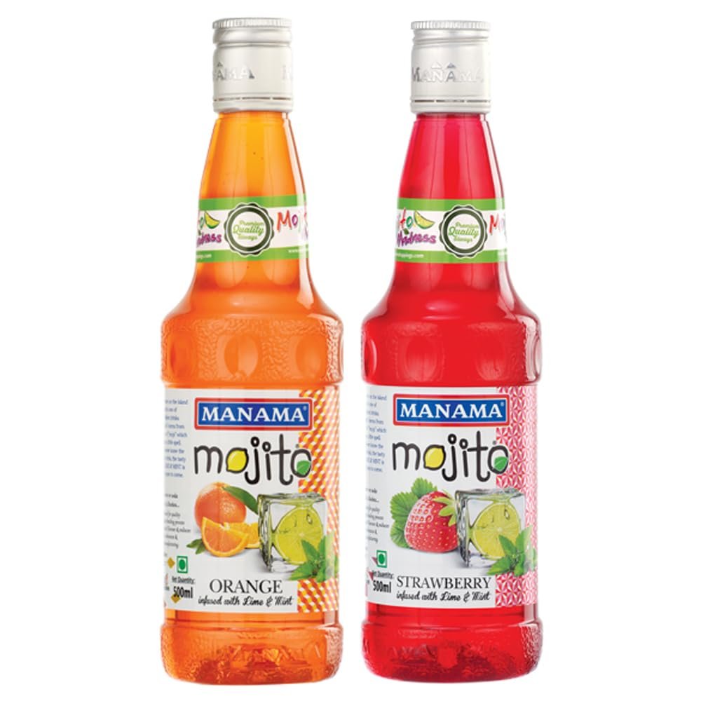 Manama Orange Mojito Syrup and Strawberry Mojito Syrup, 500ML Each, Mixer for Mocktails, Cocktails, Drinks, Juices, Beverages, Pack of 2