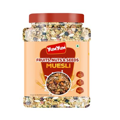 YUM YUM Crunchy Muesli: 41% Fruits, Nuts & Seeds - 750g | High Protein Breakfast Cereal with Almonds, Raisins, Cranberries, Papaya, Pumpkin Seeds | 32% Fiber, Whole Grain, No Preservatives