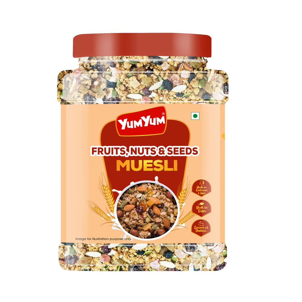 YUM YUM Crunchy Muesli: 41% Fruits, Nuts & Seeds - 750g | High Protein Breakfast Cereal with Almonds, Raisins, Cranberries, Papaya, Pumpkin Seeds | 32% Fiber, Whole Grain, No Preservatives