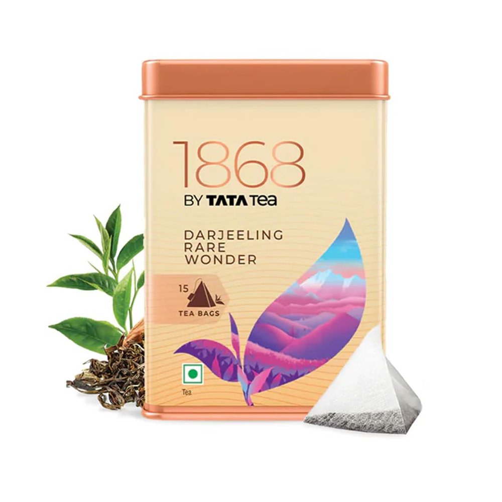 1868 by TATA Tea Darjeeling Rare Wonder Tea Bags (15 Count), Pure Darjeeling Black Tea, Hand Rolled, Whole Loose Leaf Tea, Second Flush, Muscatel Flavour, From House of TATA