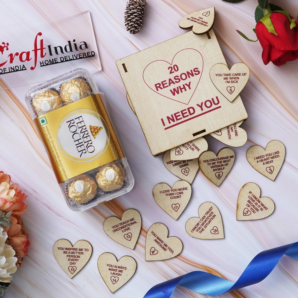 eCraftIndia Valentine Gift for Girlfriend Boyfriend| 20 Reasons Why I Need You Hearts Gift Box, Ferrero Rocher Chocolate for Valentine's Day (8 pcs)| Valentine Day Gifts for Husband Wife Her Him