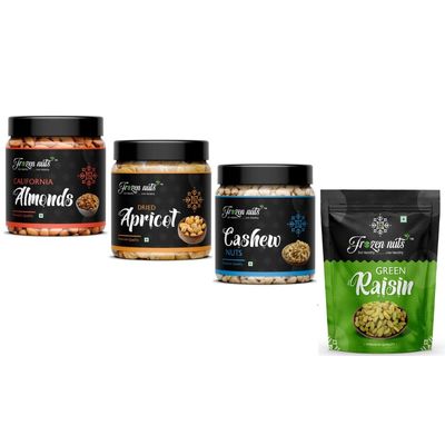 FROZEN NUTS Natural Almonds, Cashews, Apricots & Green Raisins Dry Fruit Jar Pack - Healthy Snack Combo of Nuts and Dry Fruits (Each Pack of 250g)