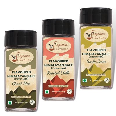 Forgotten Flavours - Pahadi Salt Mix | Combo Pack of 3 | Garlic Jeera, Roasted Chilli & Chaat Mix | 3 x 80 gms | Seasoning Salt Mix | Himalayan Mixed Salts | Salad Seasoning | Pahadi Namak | Pisyun Loon | Snacks & Buttermilk masala | Handmade on Silb