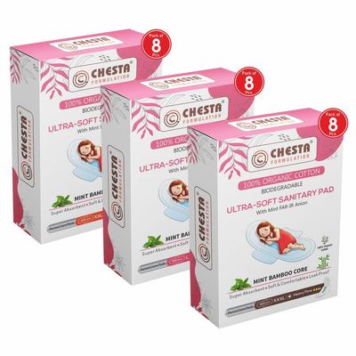 Chesta Formulation New Ultra-Soft Sanitary Pads (Pack Of 3 * 8 = 24 Pads In L-260mm + XXL-330mm + XXXL-360mm) With Mint FAR-IR Anion Better Hygiene & Comfort Pure Cotton 100% Rash-Free-Periods