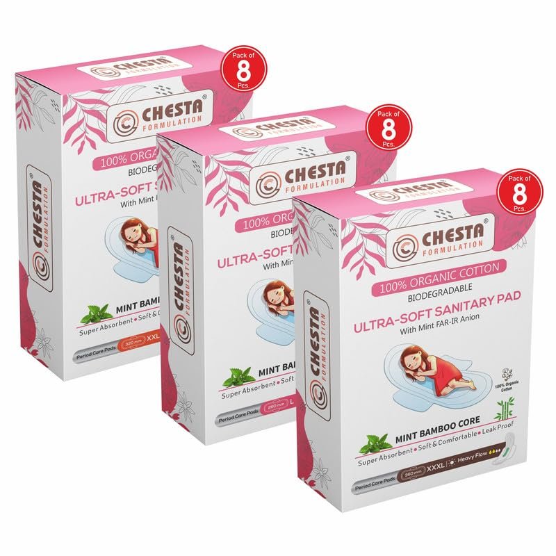 Chesta Formulation New Ultra-Soft Sanitary Pads (Pack Of 3 * 8 = 24 Pads In L-260mm + XXL-330mm + XXXL-360mm) With Mint FAR-IR Anion Better Hygiene & Comfort Pure Cotton 100% Rash-Free-Periods