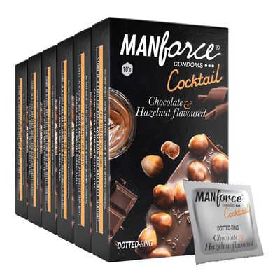 Manforce Cocktail Chocolate & Hazelnut Flavoured Condoms for Men with Dotted Rings| Extra Dotted for Her Extra Stimulation| Lubricated Latex Condoms| 10 Sheets x Pack of 6