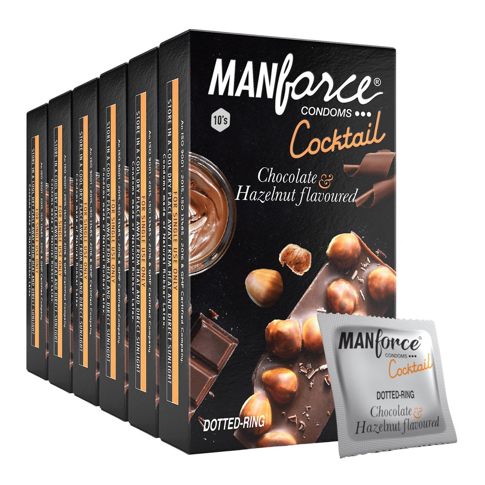 Manforce Cocktail Chocolate & Hazelnut Flavoured Condoms for Men with Dotted Rings| Extra Dotted for Her Extra Stimulation| Lubricated Latex Condoms| 10 Sheets x Pack of 6