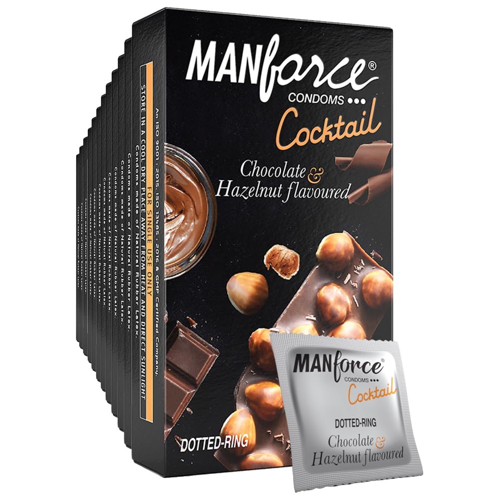 Manforce Cocktail Chocolate & Hazelnut Flavoured Condoms for Men with Dotted Rings| Extra Dotted for Her Extra Stimulation| Lubricated Latex Condoms| 10 Sheets x Pack of 12