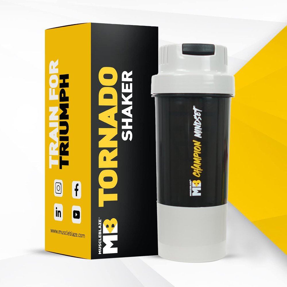 MuscleBlaze Tornado Gym Shaker (Grey, 500ml) | Sipper Bottle with Extra Compartment | Leakproof, BPA Free Protein Shaker| Plastic