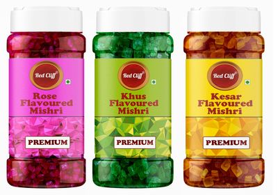 RED CLIFF Kesar+ Rose+ Khus Flavoured Mishri | Sugar Crystals | Combo Pack of 3 | (Kesar+Rose+Khus Flavoured Mishri | 100gx3 |)