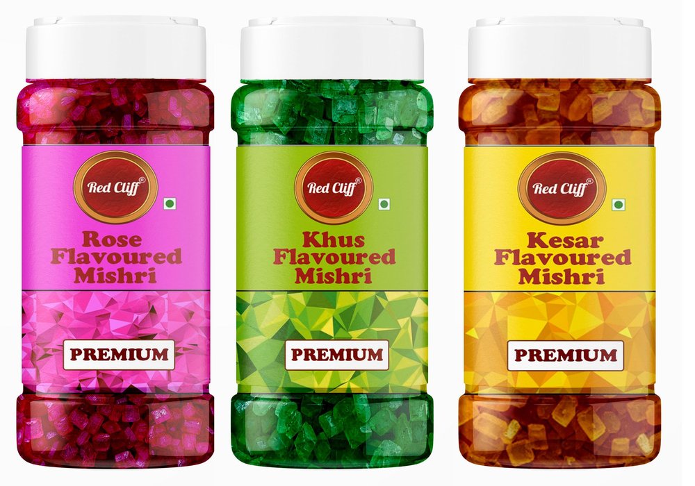 RED CLIFF Kesar+ Rose+ Khus Flavoured Mishri | Sugar Crystals | Combo Pack of 3 | (Kesar+Rose+Khus Flavoured Mishri | 100gx3 |)