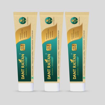 Dant Rattan Ayurvedic Sls Free Toothpaste 100gm (Pack Of 3) inc.Artificial Color Free,Triclosan Free,Artificial Color Free,Tumbru Beej,Akarkara,Lavang Oil