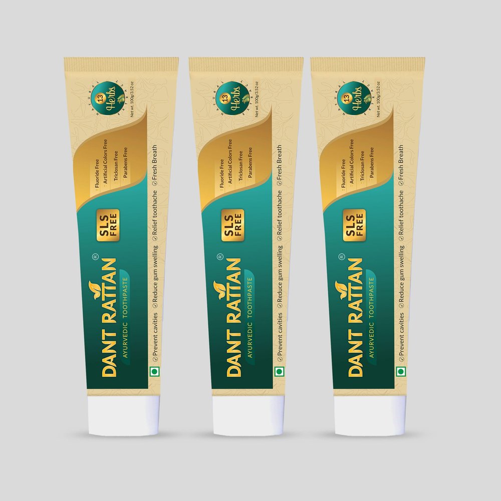 Dant Rattan Ayurvedic Sls Free Toothpaste 100gm (Pack Of 3) inc.Artificial Color Free,Triclosan Free,Artificial Color Free,Tumbru Beej,Akarkara,Lavang Oil