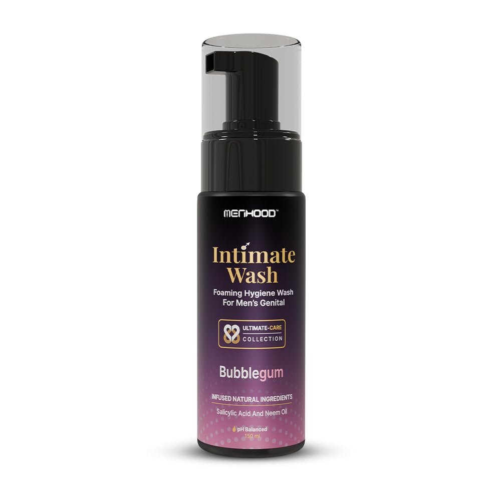 MENHOOD Intimate Wash for Men 150 ML| Tea Tree Oil Essential Neem Oil | Men Genital Wash | Men's Ball Hygiene |Anti-Fungal Foaming Wash | PH Balanced |Skin Brightening | Long-Lasting Freshness (Bubble Gum)