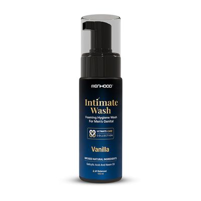 MENHOOD Intimate Wash for Men 150 ML| Tea Tree Oil Essential Neem Oil | Men Genital Wash |Mens Ball Hygiene |Anti-Fungal Foaming Wash | PH Balanced |Skin Brightening | Long- Lasting Freshness (Vanilla)