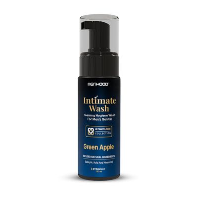 MENHOOD Intimate Wash for Men 150 ML| Tea Tree Oil Essential Neem Oil | Men Genital Wash |Mens Ball Hygiene |Anti-Fungal Foaming Wash | PH Balanced |Skin Brightening | Long- Lasting Freshness (Green Apple)