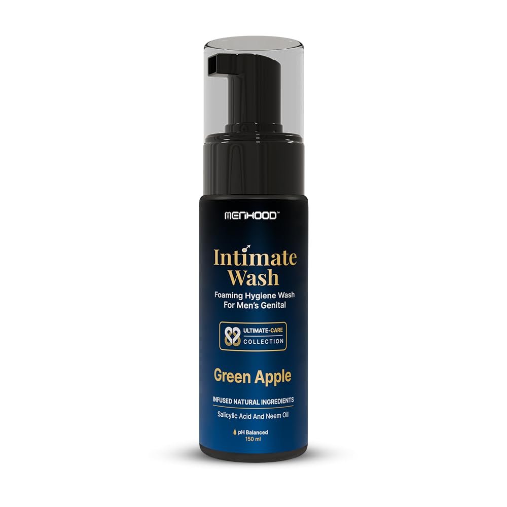 MENHOOD Intimate Wash for Men 150 ML| Tea Tree Oil Essential Neem Oil | Men Genital Wash |Mens Ball Hygiene |Anti-Fungal Foaming Wash | PH Balanced |Skin Brightening | Long- Lasting Freshness (Green Apple)