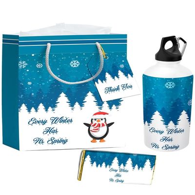 4 in 1 Winter Wonderland Theme Metal Bottle, Choco, Thank You Card, and Paper Bag Combo | Winter Wonderland Theme Return Gift for Kid's Birthdays